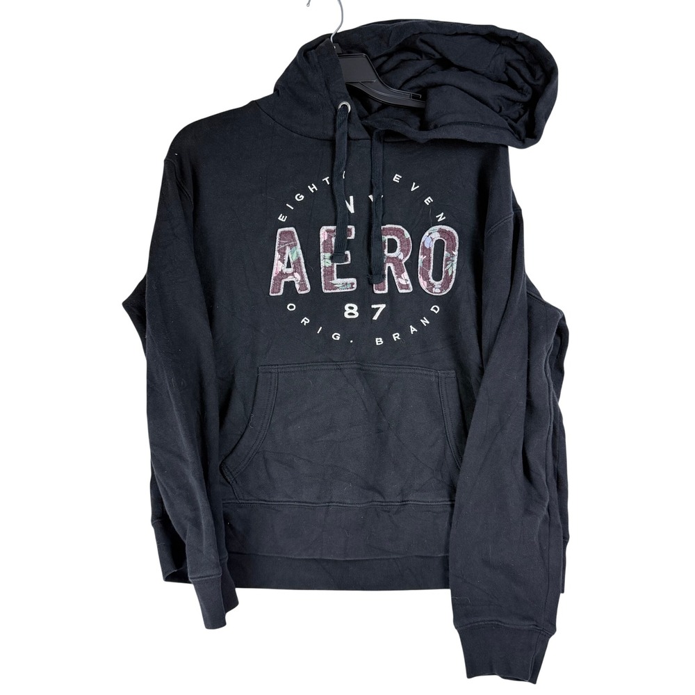 Aeropostale Hoodie Women Large Black Floral Logo Pullover Y2K Indie Skater 87